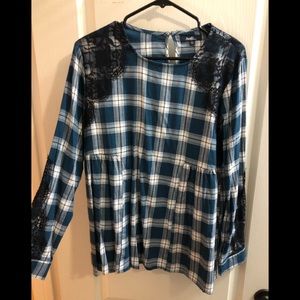 Plaid turquoise shirt with black lace